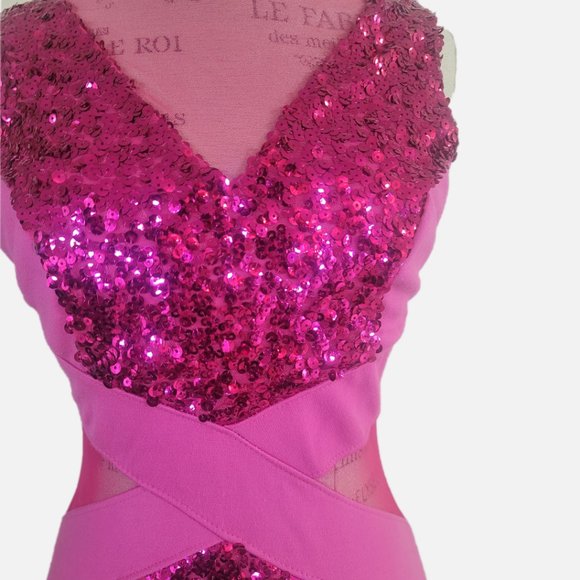 Poof Apparel Mesh Sequenced Hot Pink Bodycon Dress - Large, runs small - Picture 4 of 11